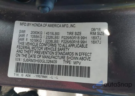 2016 Honda Cr-V Touring from USA, damaged, VIN 5J6RM3H93GL028409